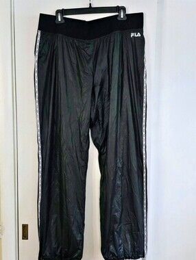 FILA Sport Y2K Black Lined Track Pants Swishy Parachute Tapered Ankle XL